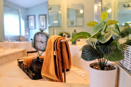 La salle de bains est pourvue d'un comptoir avec une serviette et un réveil. dans l'établissement Home, Sweet Home., à Deltona