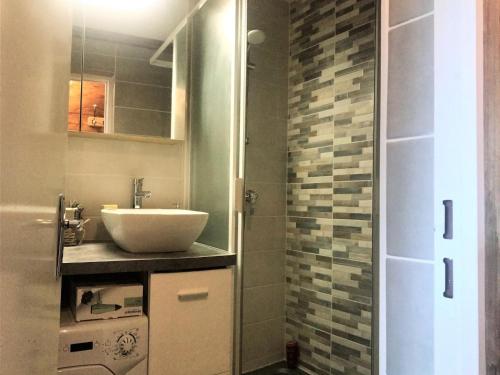 a bathroom with a sink and a shower at Charmant pied des pistes avec balcon et cheminée, linge inclus - FR-1-267-258 in Villarembert