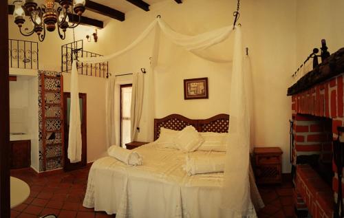 a bedroom with a bed with a canopy at Posada Los Alcatraces in Atlixco