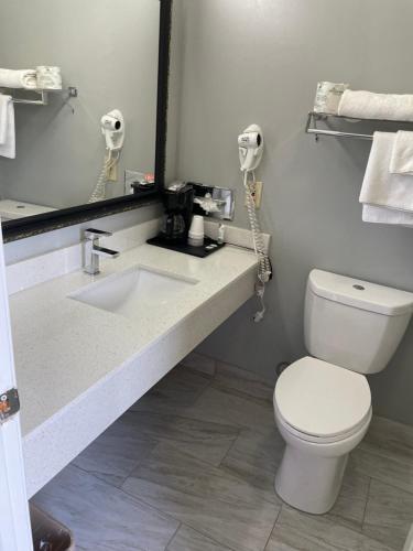 a bathroom with a sink and a toilet and a mirror at Clairmont Inn & Suites - Warren in Warren