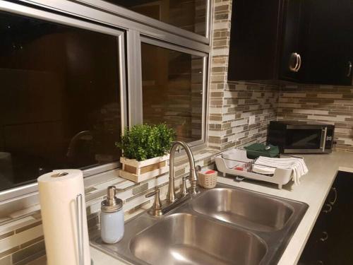 a kitchen counter with a sink and a window at Hip Casa Beatles in downtown Gated Parking in Ensenada