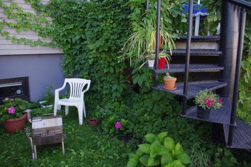 a garden with a white chair and some plants at Oasis Apartments in Pärnu