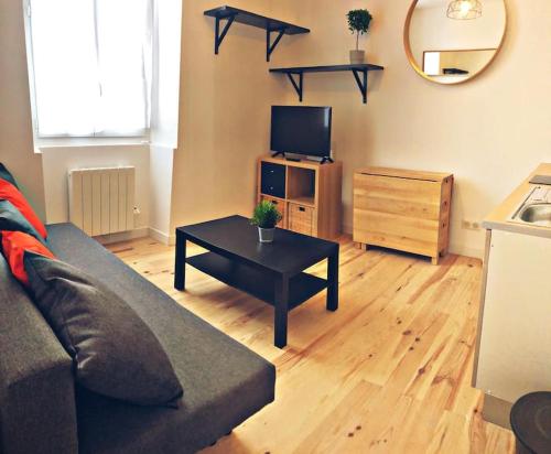 un salon avec un canapé, une table et une télévision dans l'établissement Agréable T2 cosy proche du centre de Bayonne, à Bayonne