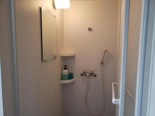 W łazience znajduje się prysznic, lustro i umywalka. w obiekcie Yamate Rest House (Male Only) w Tokio