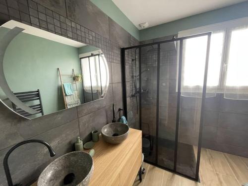 une salle de bain avec un lavabo, un miroir et une douche dans l'établissement Charmante maison individuelle à Limoux, à Limoux
