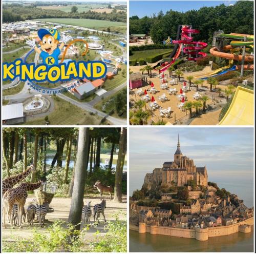 four different pictures of a amusement park and aorld at Maison cosy avec jacuzzi in Néant-sur-Yvel