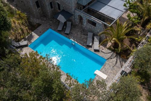 an overhead view of a swimming pool with palm trees at Petritis in Lambiní
