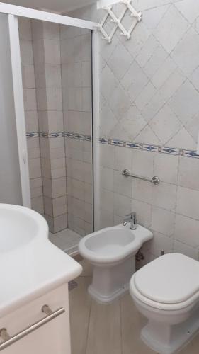 La salle de bains est pourvue de toilettes, d'un lavabo et d'une douche. dans l'établissement La Tana nel Vicolo, à Santa Marinella