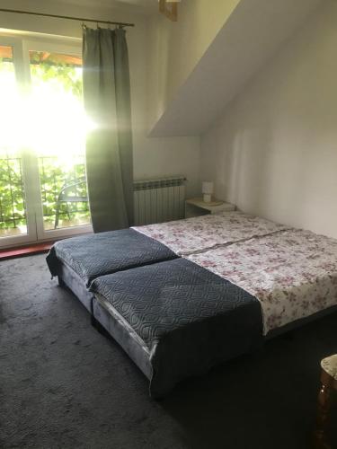 um quarto com uma cama e uma grande janela em Wypoczynek Pod Trzynastką em Krościenko