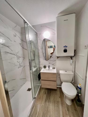 une salle de bain avec toilettes, lavabo et douche dans l'établissement Plage Cabourg 7 Vue Mer, à Cabourg