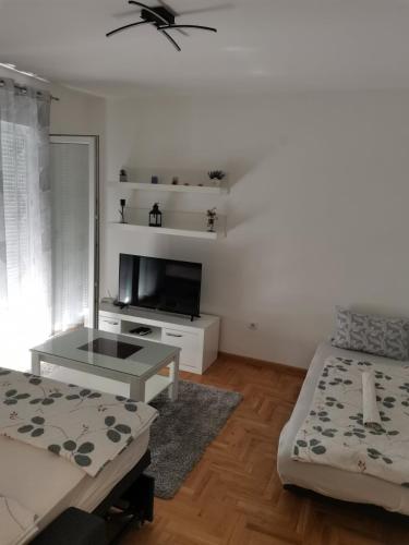 a living room with two beds and a flat screen tv at Apartman Rosić in Trebinje