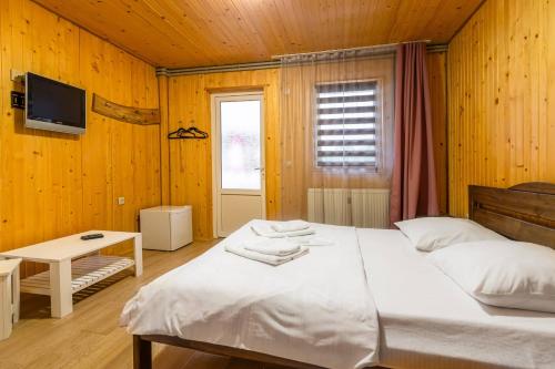 - une chambre avec un lit et une télévision murale dans l'établissement ROMANTIK, à Solotvyno