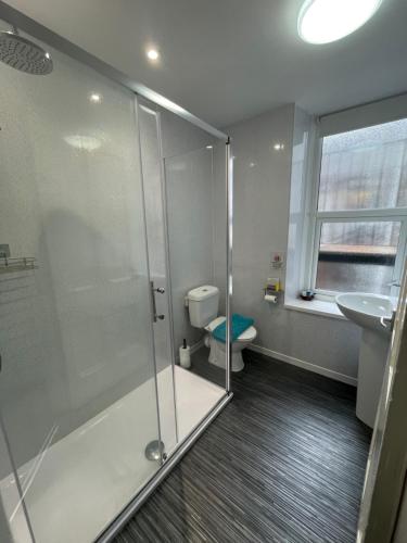 uma casa de banho com um chuveiro, um WC e um lavatório. em Seascape em Barmouth