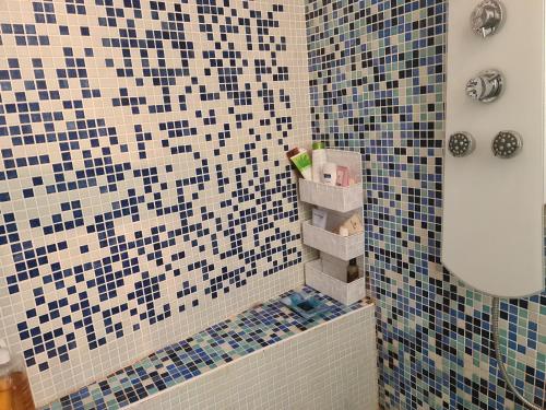 ein Bad mit einer Dusche mit blauen und weißen Fliesen in der Unterkunft Appartement à Montmartre in Paris