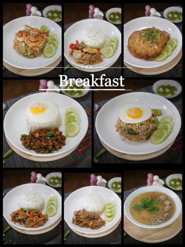 een collage van foto's van ontbijtgerechten op borden bij North Inn Town Chiangmai in Chiang Mai