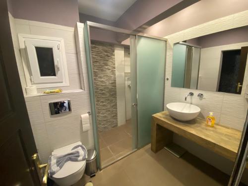 une salle de bains avec toilettes, lavabo et douche dans l'établissement Rotonda City Center, à Thessalonique