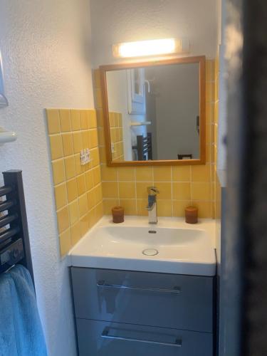 une salle de bain avec un lavabo et un miroir dans l'établissement Studio Marcu vue mer, à Porticcio