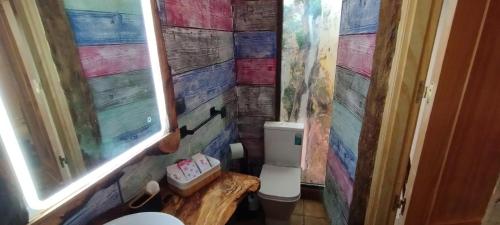 a bathroom withpainted walls and a toilet and a window at La Casa de la Abuela in Cazorla