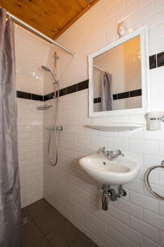 a white bathroom with a sink and a shower at Hoeve Suydeinde in Aarlanderveen