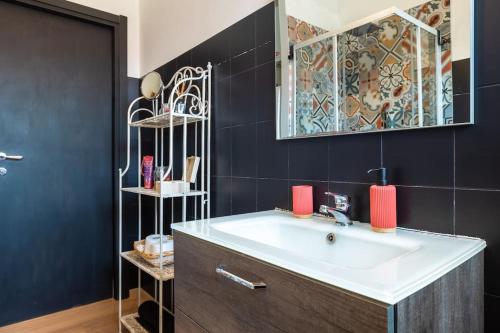 La salle de bains est pourvue d'un lavabo et d'un miroir. dans l'établissement Arte&Vino - Casa con WiFi e aria condizionata, à Alba
