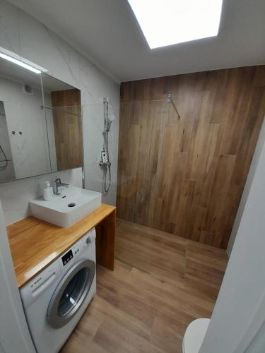 uma casa de banho com uma máquina de lavar roupa e um lavatório em Apartament Leszczynki em Gdynia