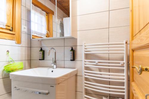 La petite salle de bains est pourvue d'un lavabo et d'un miroir. dans l'établissement Bella Mura Nature Chalet I27, à Podčetrtek