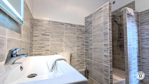 a bathroom with a sink and a shower at L'Auditoire Royal in Châtillon-sur-Seine