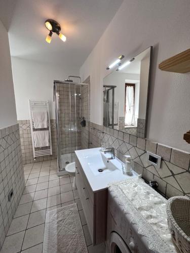 W łazience znajduje się biała umywalka i prysznic. w obiekcie Bilocale Centro Pré-Saint-Didier w mieście Pré-Saint-Didier