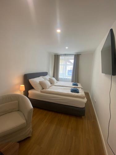 a bedroom with a bed and a tv and a couch at Apartmany Tachov - Tiny House in Tachov