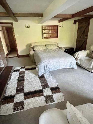 a bedroom with a bed and a checkered rug at Ground floor apartment in The Coach House in Hartford