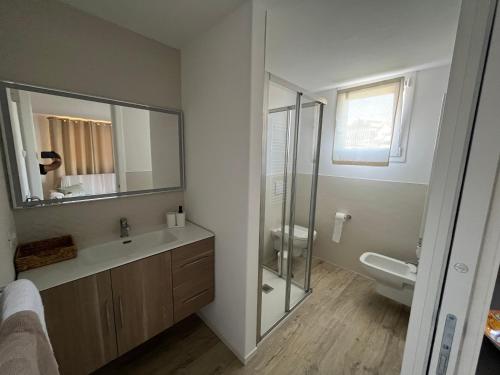 a bathroom with a sink and a toilet and a mirror at La casa del Gallo in Pietra Ligure