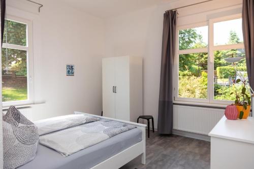 1 dormitorio blanco con 1 cama y 2 ventanas en Moderne Ferienwohnungen in alter Villa en Georgenthal
