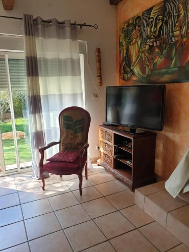 ein Wohnzimmer mit einem Stuhl und einem Flachbild-TV in der Unterkunft Maison proche rivière in Ruoms