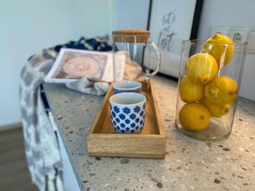 a table with a vase and a bowl of lemons at 3C Boutique Apartments Nrº14 in Mainburg