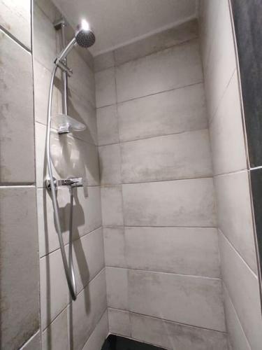 a shower with a shower head in a bathroom at Gîte du p'tit randonneur in Verrières-en-Forez