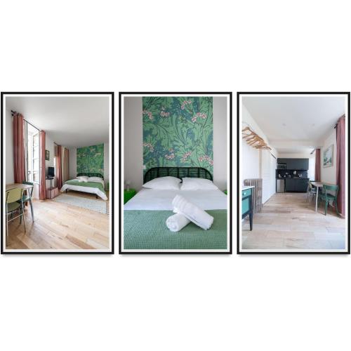 three pictures of a room with a bed and a bedroom at Résidence Aristide Briand - Appartements en Centre Ville in Vichy