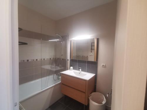 a bathroom with a sink and a tub and a mirror at Très bel appartement climatisé à deux pas de la cathédrale in Reims