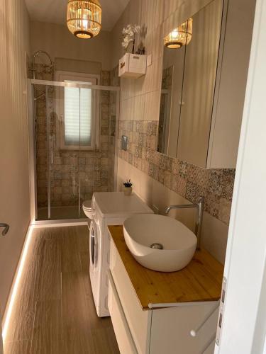 a bathroom with a large white sink and a shower at VILLA BORGHESE in Racalmuto