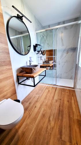 a bathroom with a sink and a mirror and a toilet at Lubiana Resort in Lubiana