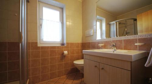 baño con lavabo y aseo y ventana en Apartments Antersi Claudia en San Vigilio Di Marebbe