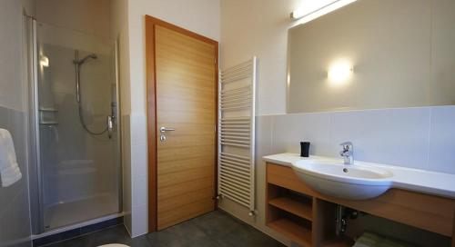 a bathroom with a sink and a shower and a mirror at Apartments Antersi Robbi in San Vigilio Di Marebbe