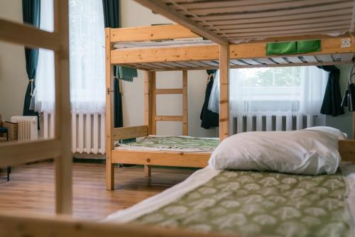 a bedroom with two bunk beds and a ladder at Downtown Forest Hostel & Camping in Vilnius