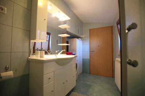 a bathroom with a sink and a mirror at Rooms and apartment Ambrožič in Vremski Britof