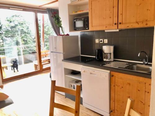 a kitchen with a white refrigerator and a sink at V du Bachat Arolles A12 - Appt 6 pers in Chamrousse