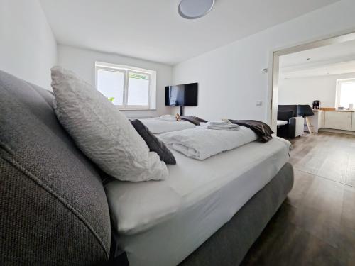 1 dormitorio con 2 camas y sofá con almohadas en Ferienwohnung Wiehl - Bielstein en Wiehl