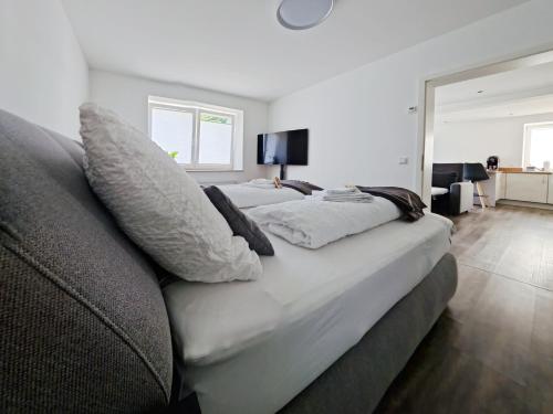 a bedroom with two beds and a couch with pillows at Ferienwohnung Wiehl - Bielstein in Wiehl