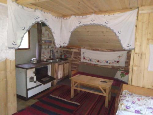 a room with a kitchen and a stove in a cabin at Isov Ranch in Plav