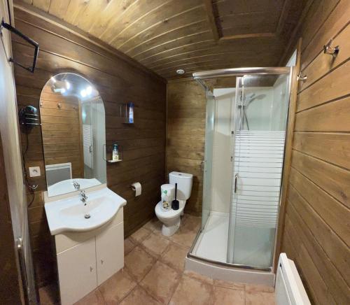 a bathroom with a sink and a shower and a toilet at Chalet 6A dans les Pyrénées proche d'Andorre in LʼHospitalet-près-lʼAndorre