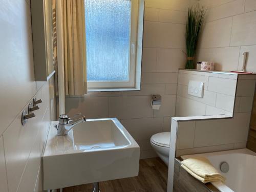 uma casa de banho branca com um lavatório e um WC em Apartment Haus Aktiv Panorama em Winterberg
