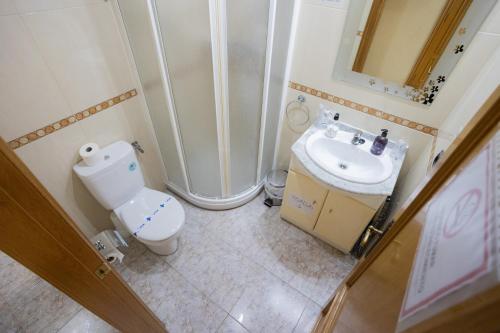 a small bathroom with a toilet and a sink at Hotel Beatriz in Burriana